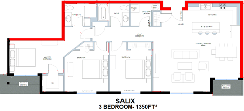 A floor plan of a 3 bedroom, 1350 square foot Salix apartment.